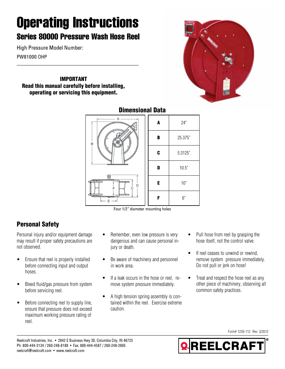 Reelcraft Series 80000 Pressure Wash Hose Reel (High Pressure PWxxxxxOHP) User Manual | 9 pages