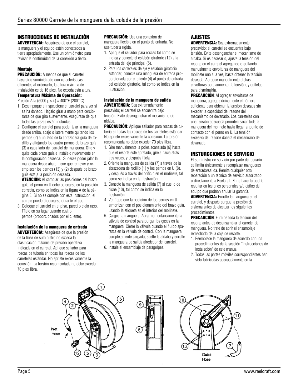 Reelcraft Series 80000 Pressure Wash Hose Reel (High Pressure PWxxxxxOHP) User Manual | Page 5 / 9