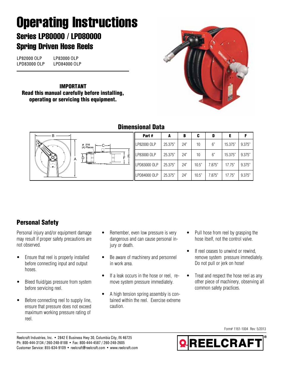 Reelcraft Series LPD80000 Spring Driven Hose Reels (LPDxxxxxOLP) User Manual | 9 pages
