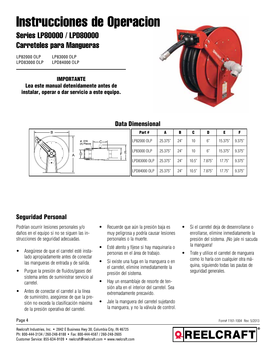 Instrucciones de operacion, Seguridad personal, Data dimensional | Reelcraft Series LPD80000 Spring Driven Hose Reels (LPDxxxxxOLP) User Manual | Page 4 / 9