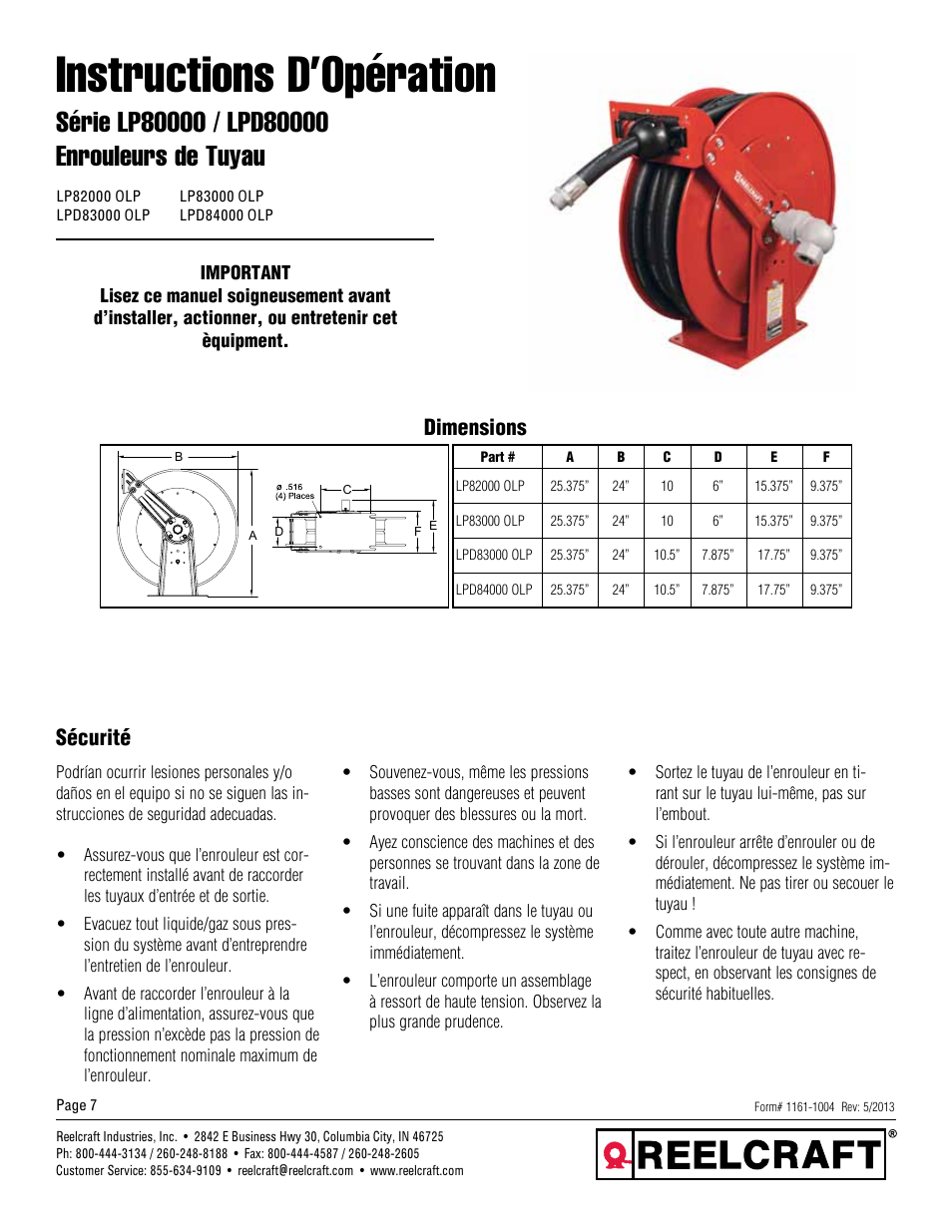 Instructions d’opération, Sécurité, Dimensions | Reelcraft Series LPD80000 Spring Driven Hose Reels (LPDxxxxxOLP) User Manual | Page 7 / 9