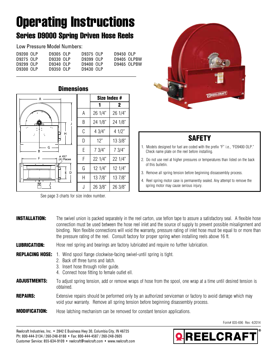 Reelcraft Series D9000 Spring Driven Hose Reels (Low Pressure DxxxxOLP, DxxxxOLPBW) User Manual | 9 pages