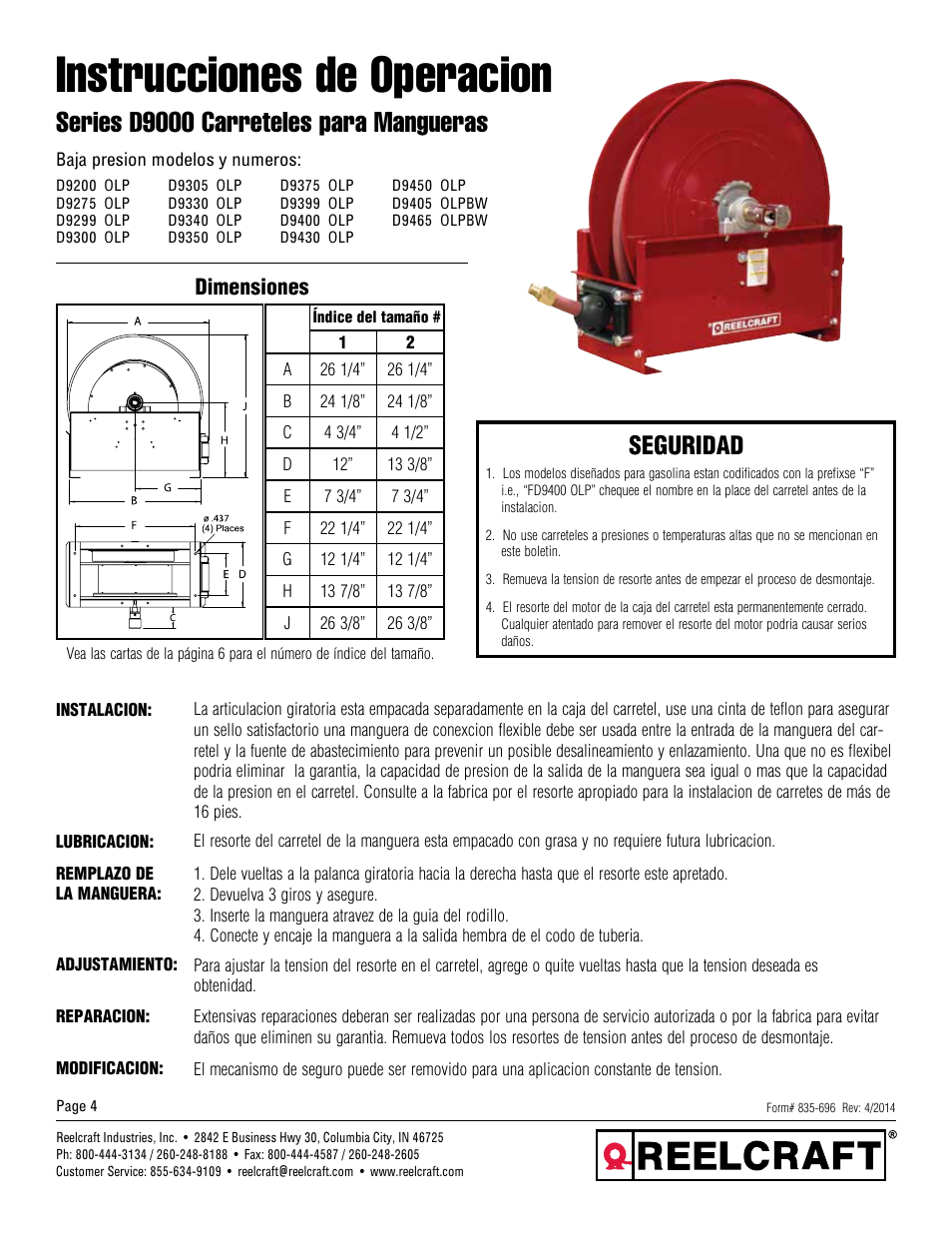 Instrucciones de operacion, Series d9000 carreteles para mangueras, Seguridad | Dimensiones | Reelcraft Series D9000 Spring Driven Hose Reels (Low Pressure DxxxxOLP, DxxxxOLPBW) User Manual | Page 4 / 9