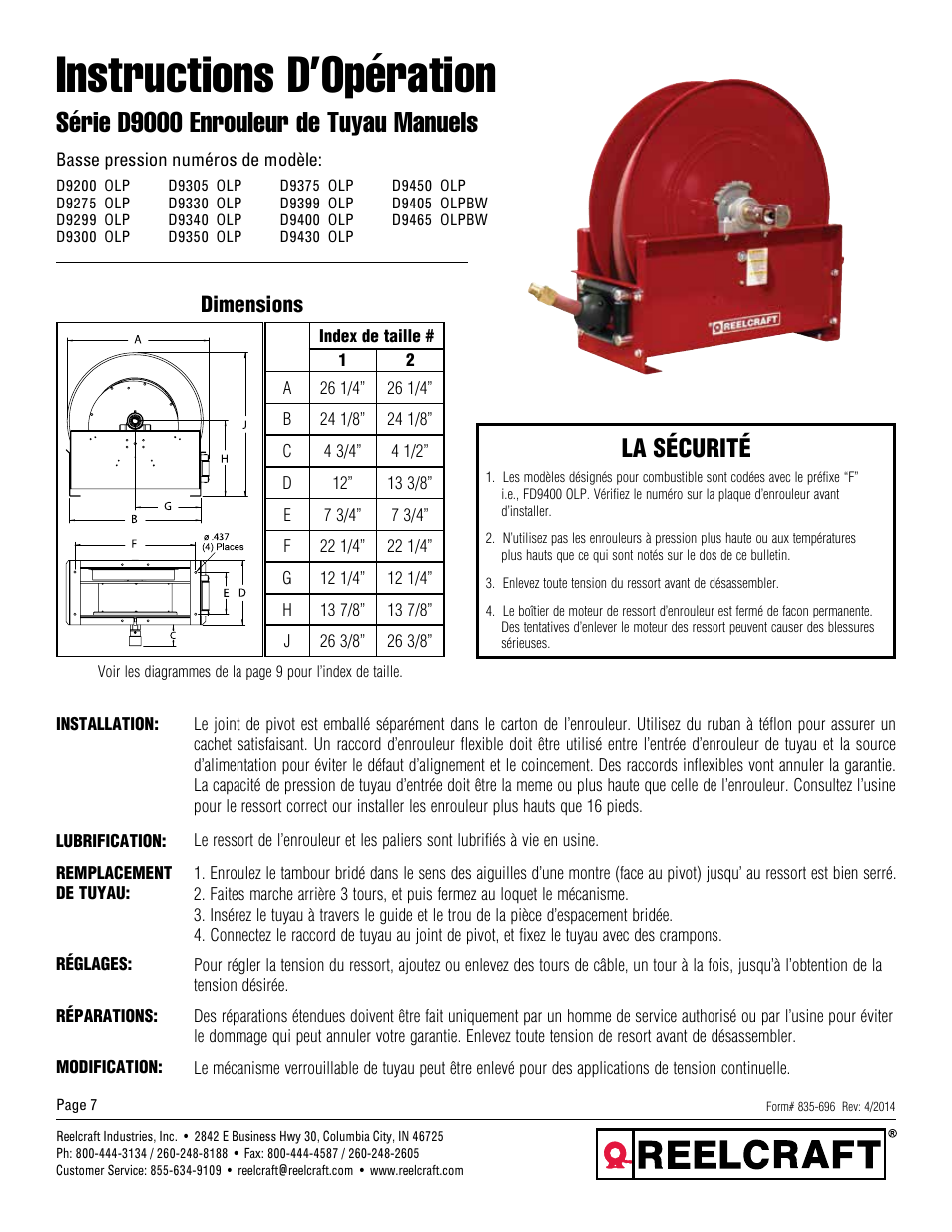 Instructions d’opération, Série d9000 enrouleur de tuyau manuels, La sécurité | Dimensions | Reelcraft Series D9000 Spring Driven Hose Reels (Low Pressure DxxxxOLP, DxxxxOLPBW) User Manual | Page 7 / 9