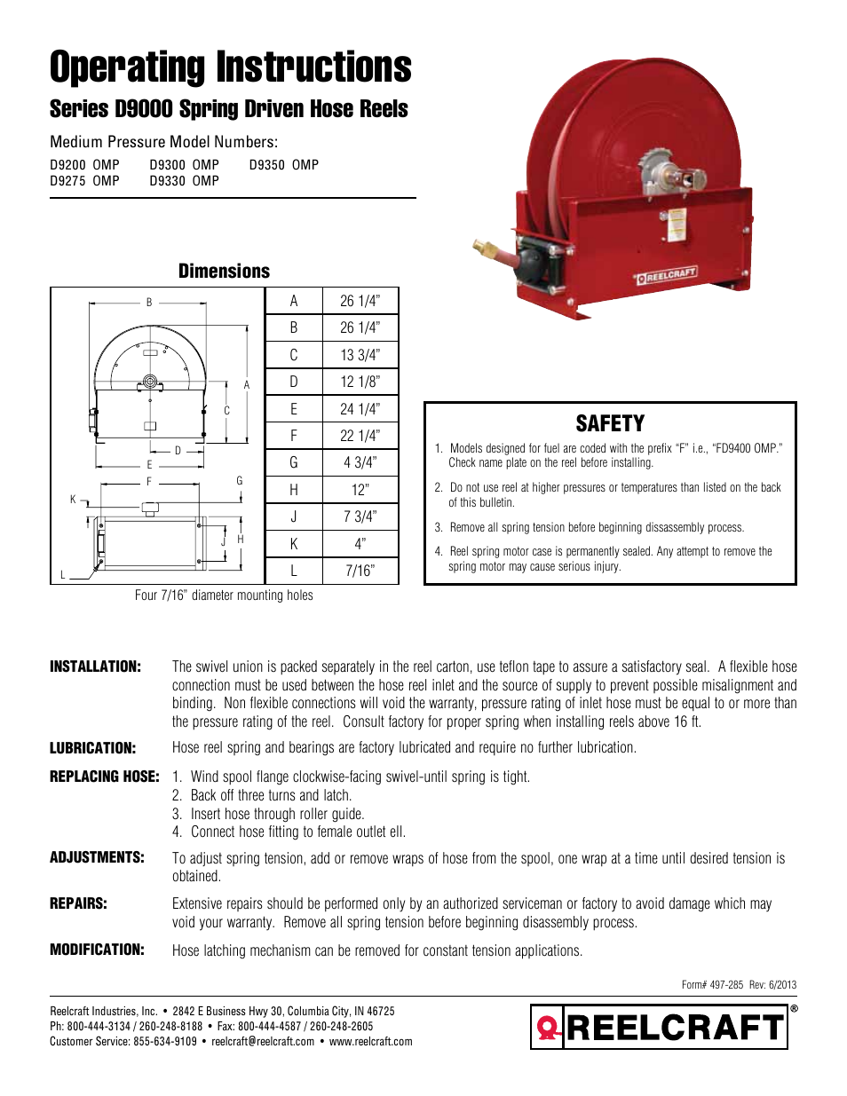 Reelcraft Series D9000 Spring Driven Hose Reels (Medium Pressure DxxxxOMP) User Manual | 2 pages