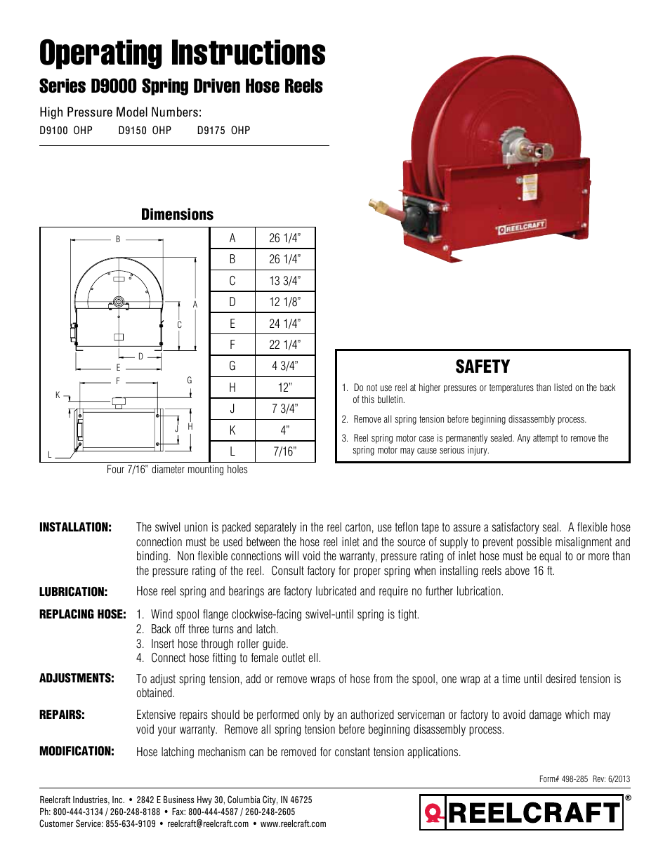 Reelcraft Series D9000 Spring Driven Hose Reels (High Pressure DxxxxOHP) User Manual | 2 pages