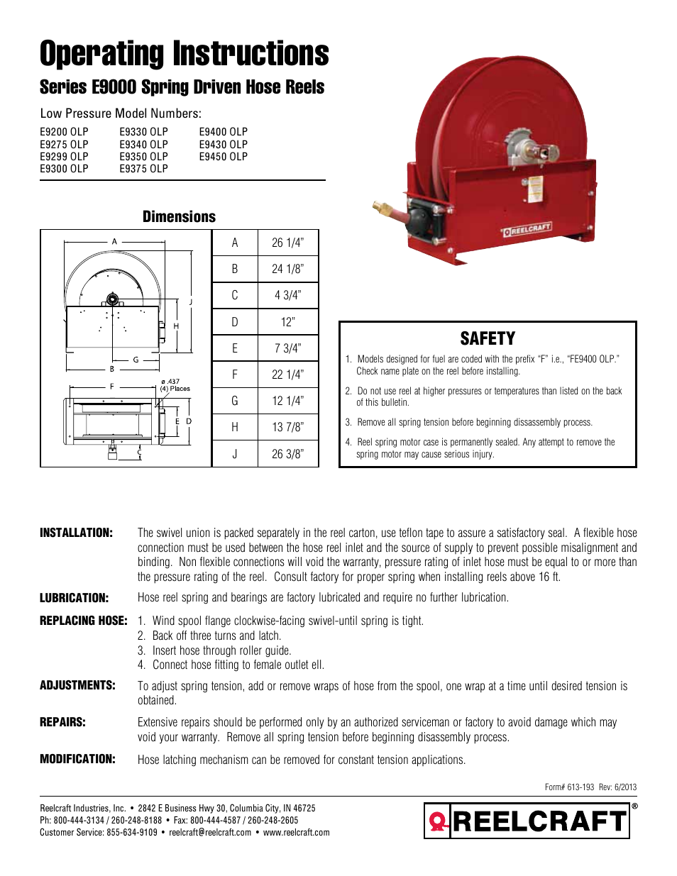 Reelcraft Series E9000 Spring Driven Hose Reels (Low Pressure ExxxxOLP) User Manual | 2 pages