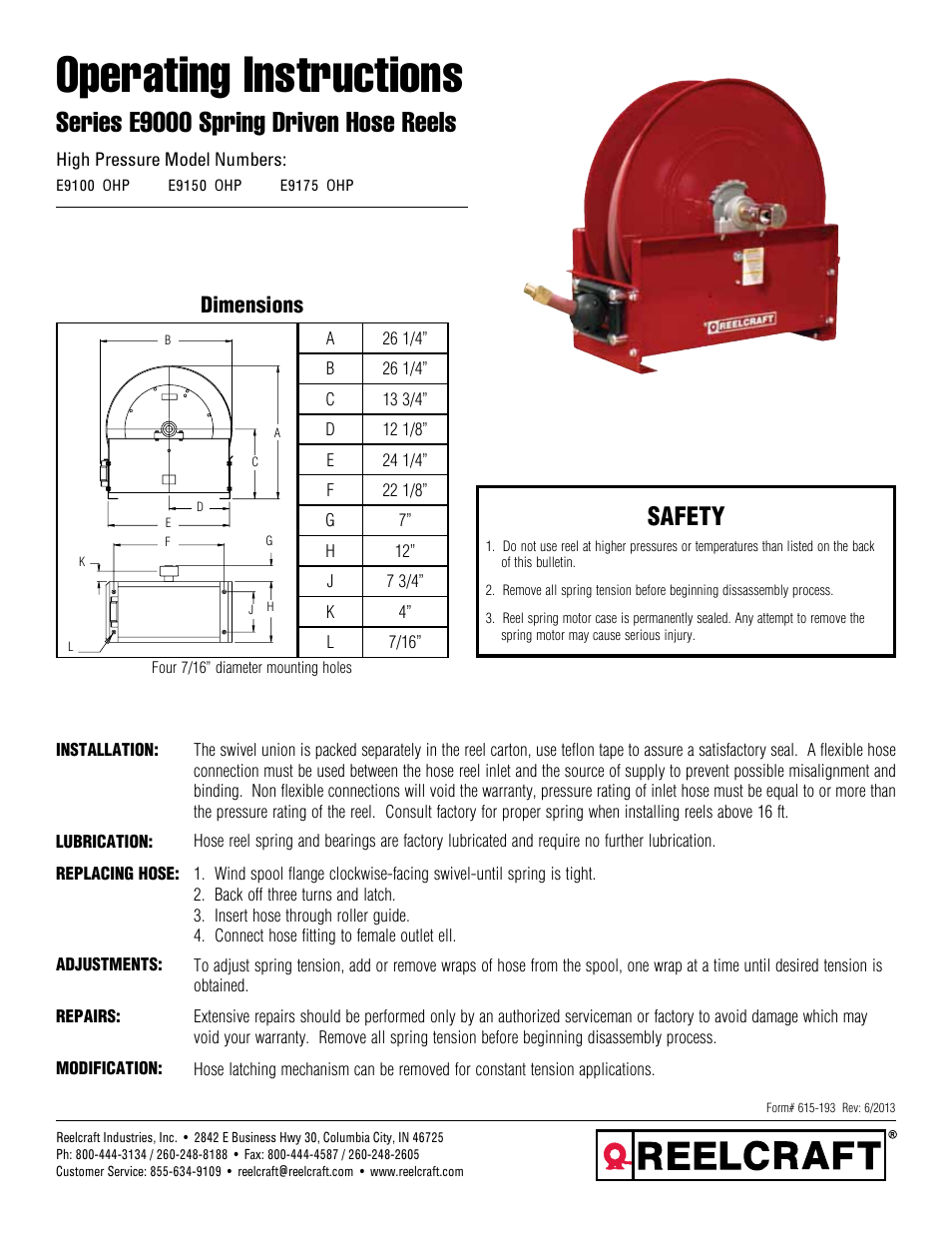 Reelcraft Series E9000 Spring Driven Hose Reels (High Pressure ExxxxOHP) User Manual | 2 pages