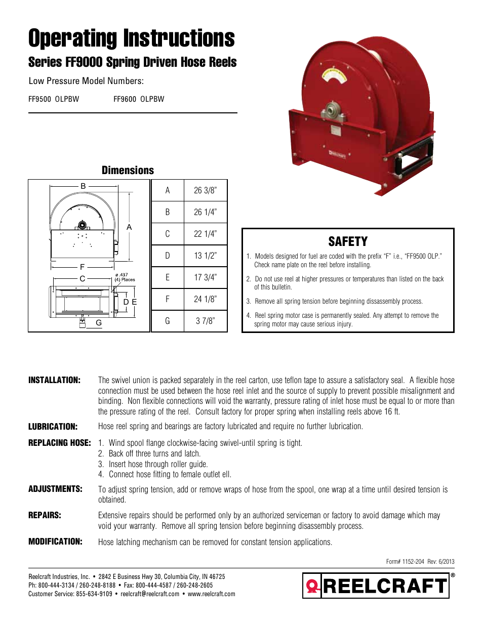 Reelcraft Series FF9000 Spring Driven Hose Reels (Low Pressure FFxxxxOLPBW) User Manual | 2 pages