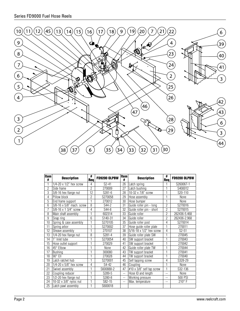 Series fd9000 fuel hose reels | Reelcraft Series FD9000 Fuel Hose Reels (Low Pressure FDxxxxOLP) User Manual | Page 2 / 3