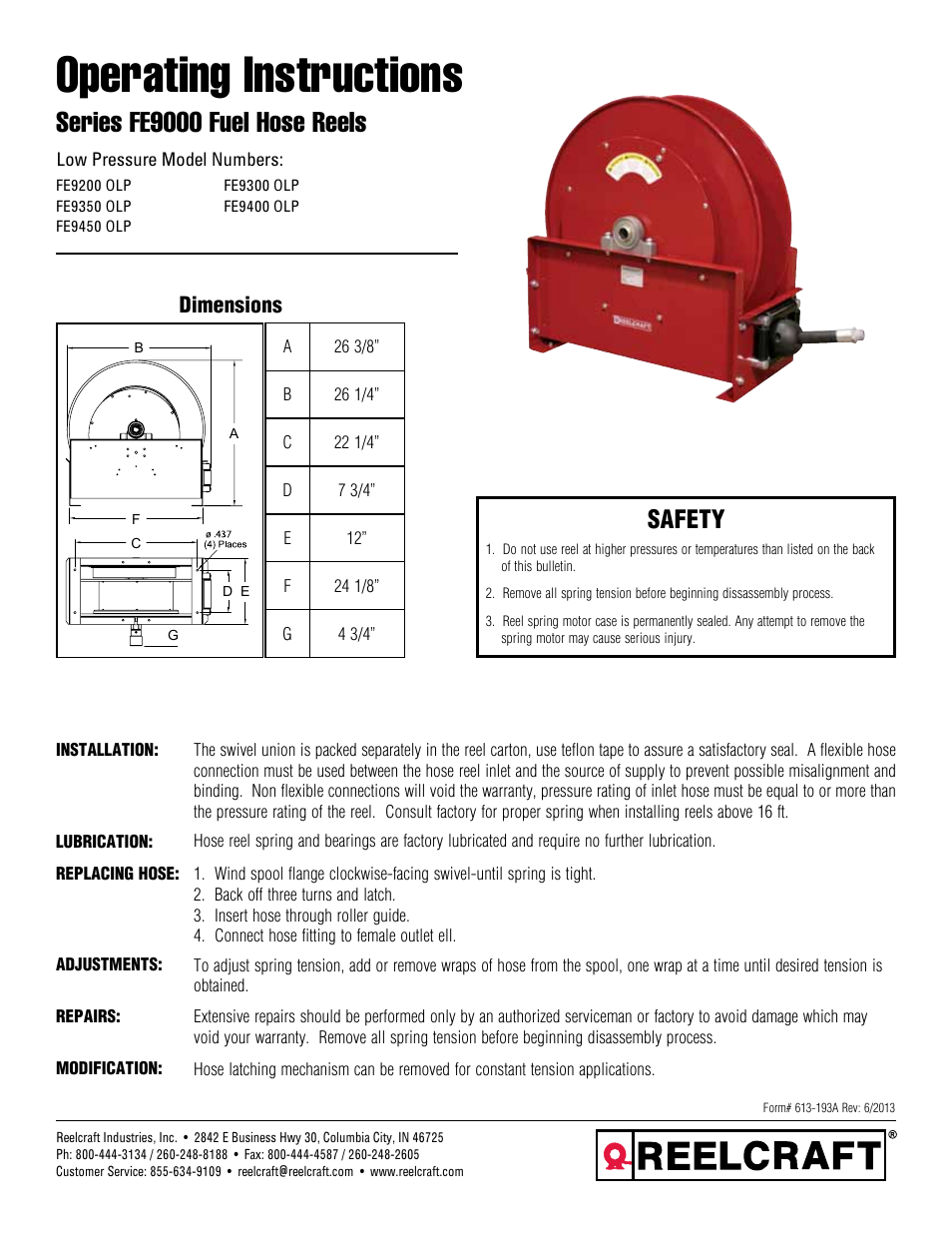 Reelcraft Series FE9000 Fuel Hose Reels (Low Pressure FExxxxOLP) User Manual | 3 pages