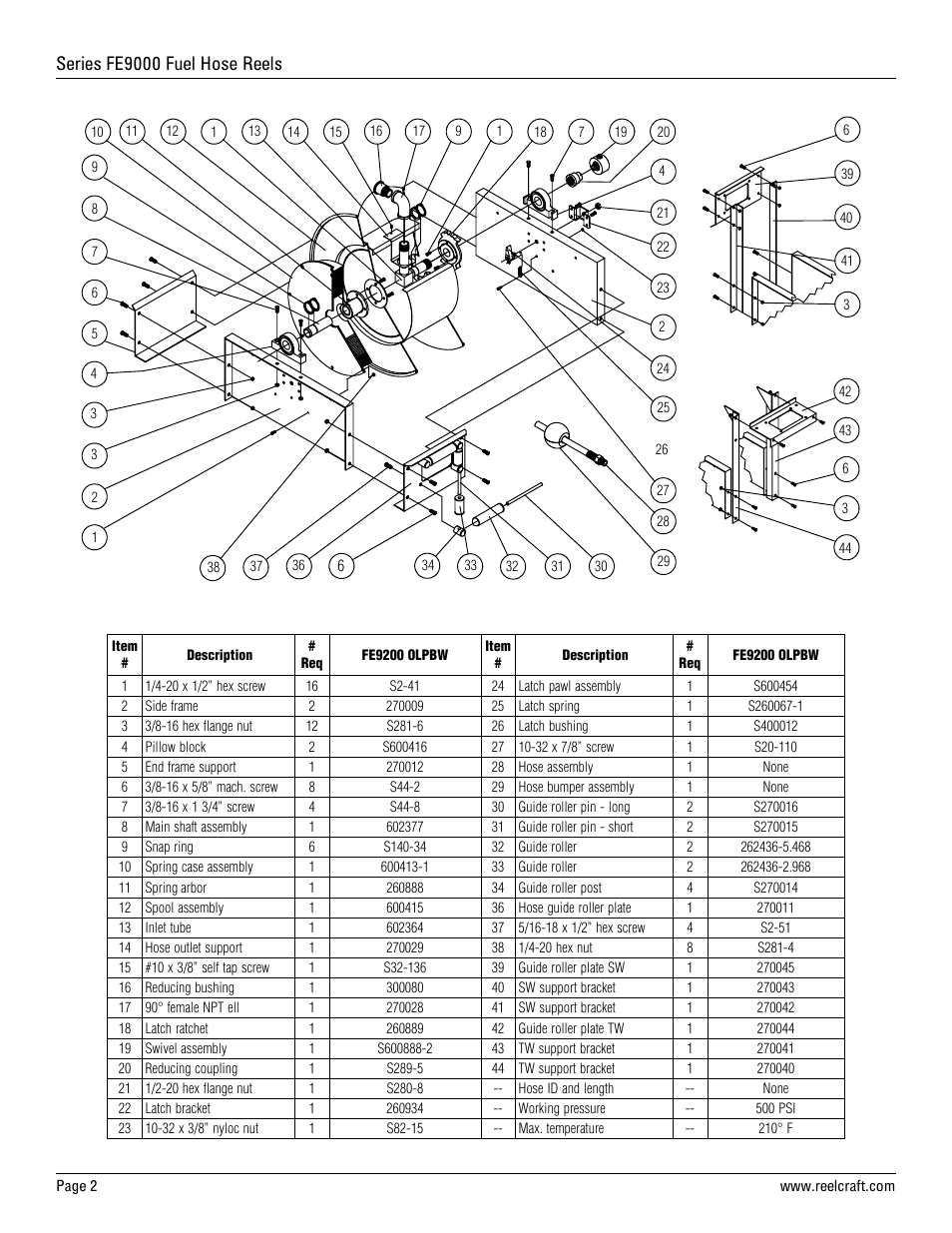 Series fe9000 fuel hose reels | Reelcraft Series FE9000 Fuel Hose Reels (Low Pressure FExxxxOLP) User Manual | Page 2 / 3