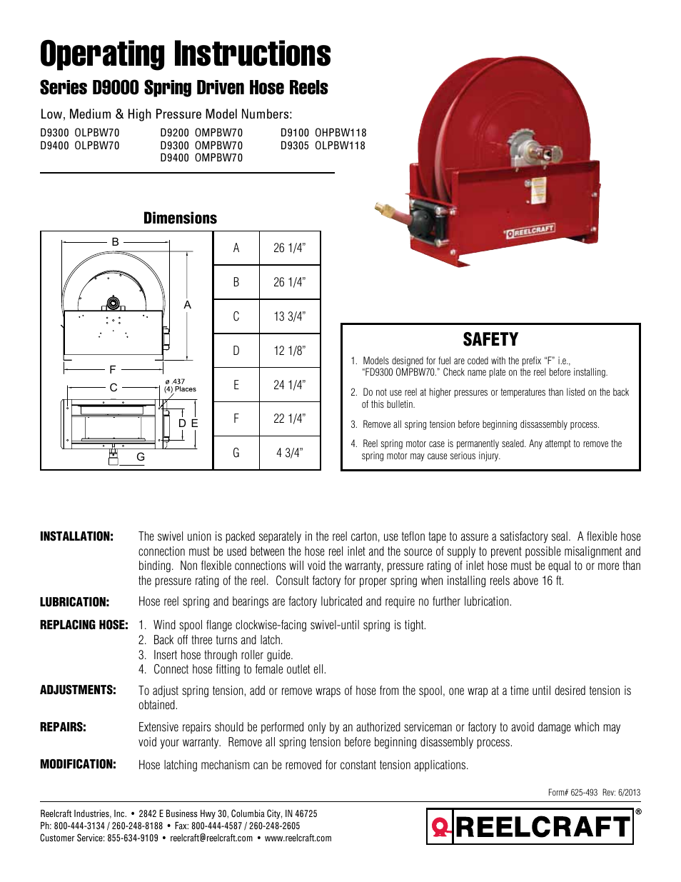 Reelcraft Series D9000 Spring Driven Hose Reels (Low, Medium & High Pressure DxxxxOLPBW70, DxxxxOMPBW70, DxxxxOHPBW118, DxxxxOLPBW118) User Manual | 2 pages