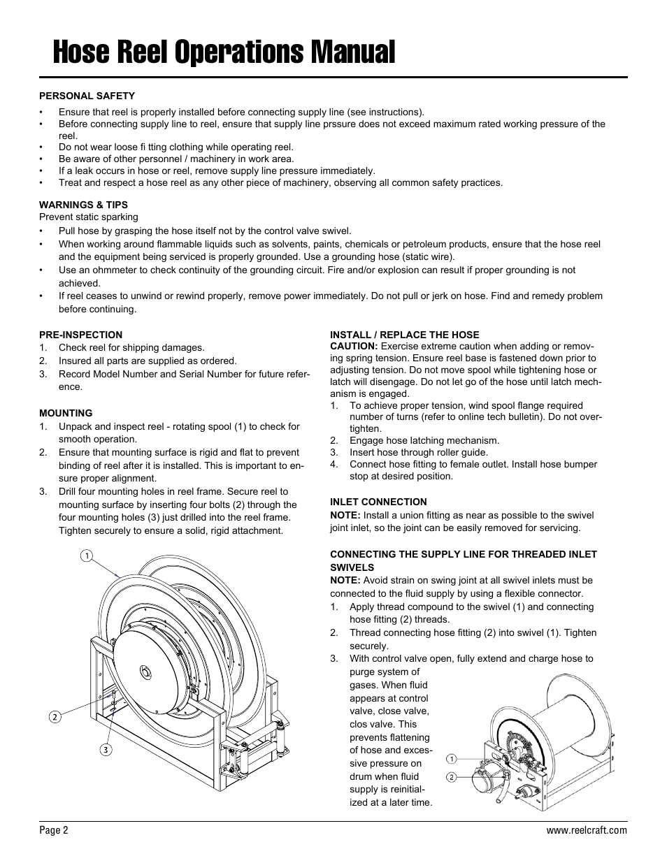 Hose reel operations manual | Reelcraft Nordic Series 4800 Reels User Manual | Page 2 / 3