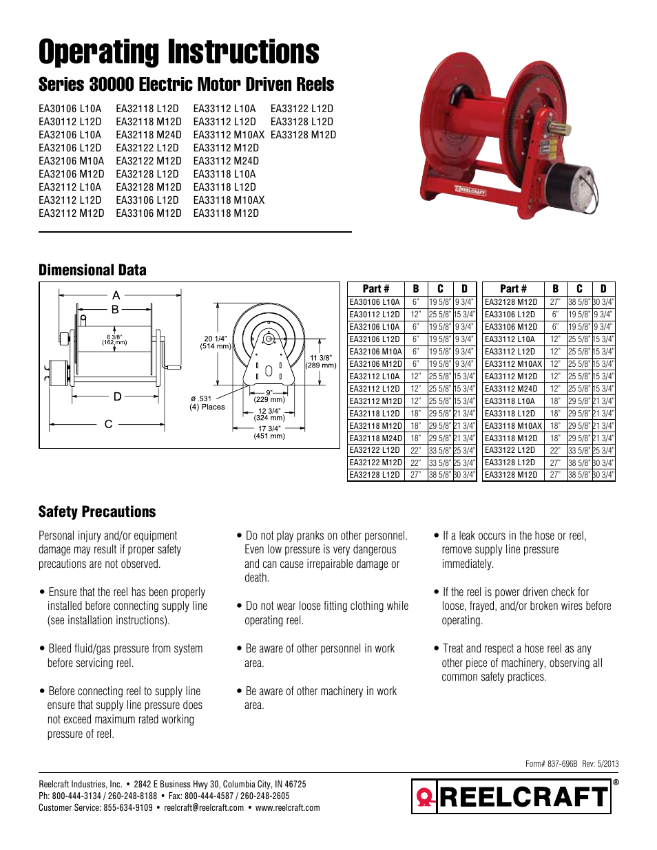 Reelcraft Series 30000 Electric Motor Driven Reels (EAxxxxxMxxD, EAxxxxxLxxD) User Manual | 18 pages