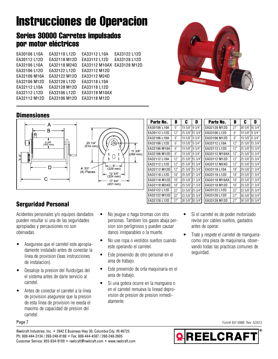 Instrucciones de operacion, Dimensiones, Serguridad personal | Reelcraft Series 30000 Electric Motor Driven Reels (EAxxxxxMxxD, EAxxxxxLxxD) User Manual | Page 7 / 18