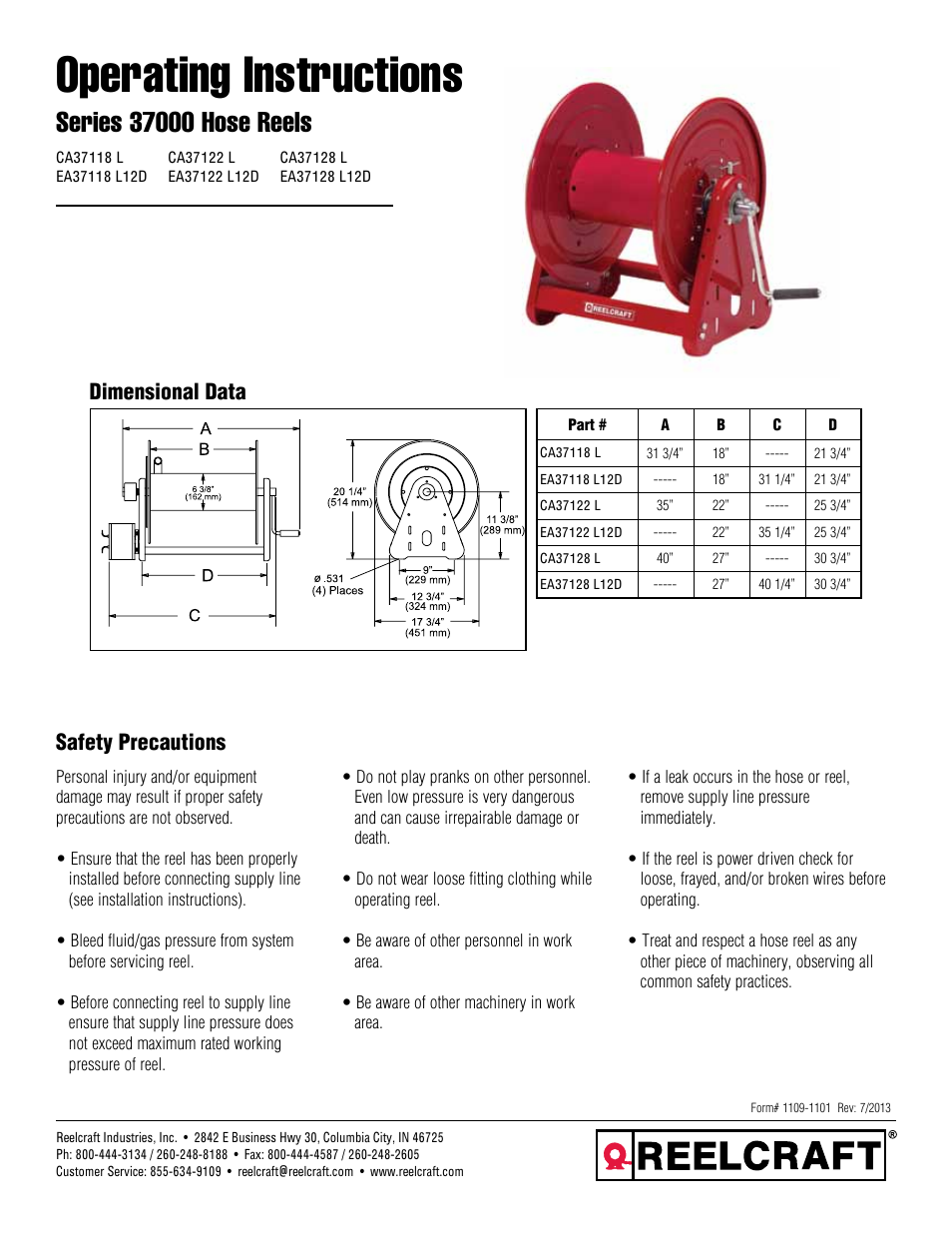 Reelcraft Series 37000 Hose Reels User Manual | 5 pages