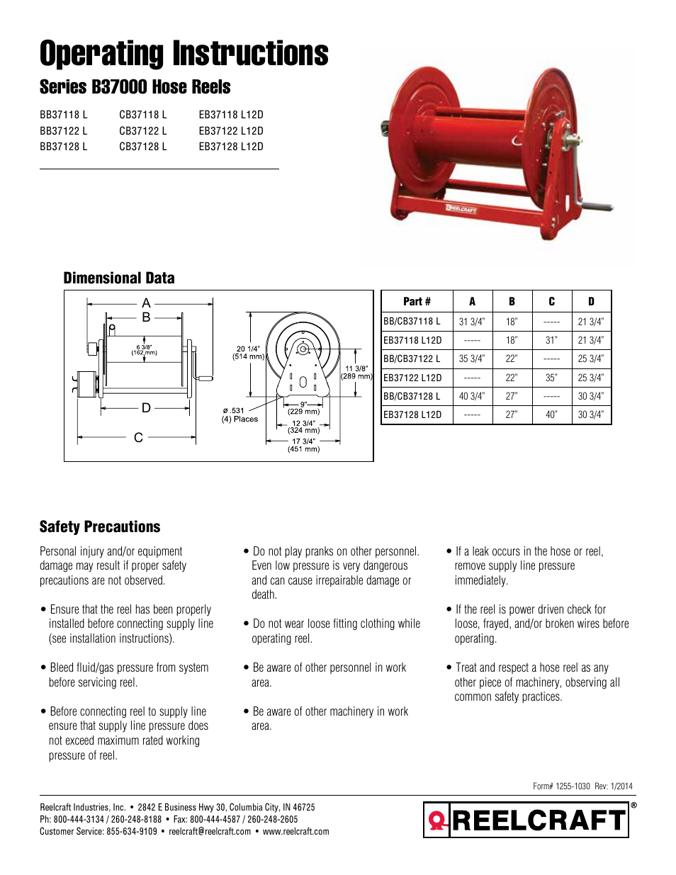 Reelcraft Series B37000 Hose Reels User Manual | 5 pages