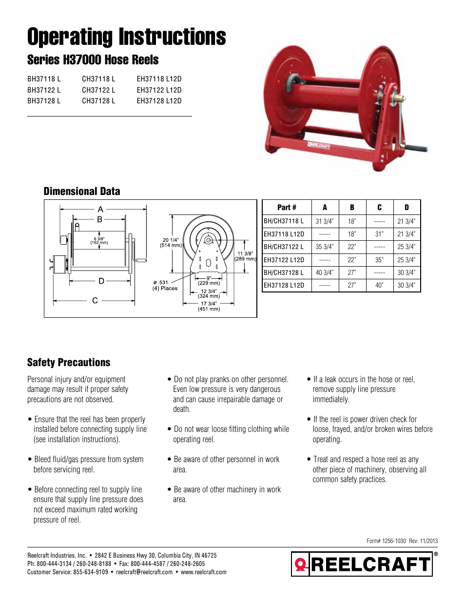 Reelcraft Series H37000 Hose Reels User Manual | 5 pages