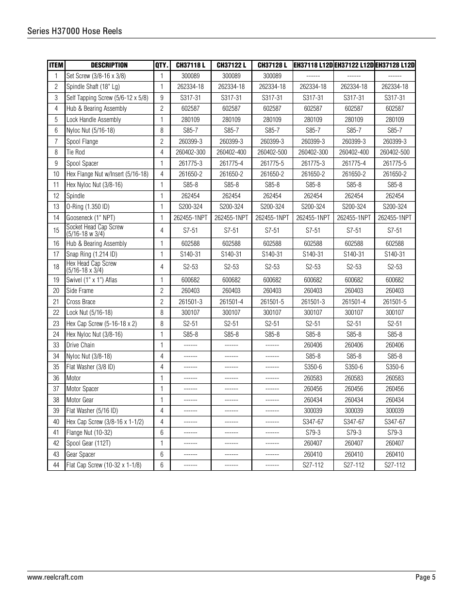 Reelcraft Series H37000 Hose Reels User Manual | Page 5 / 5