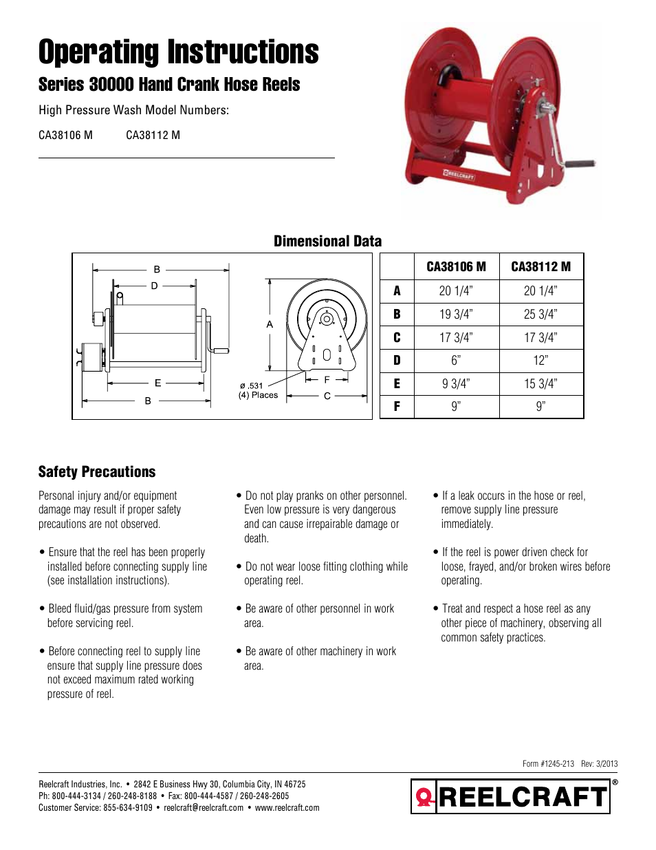 Reelcraft Series 30000 Hand Crank Hose Reels User Manual | 9 pages
