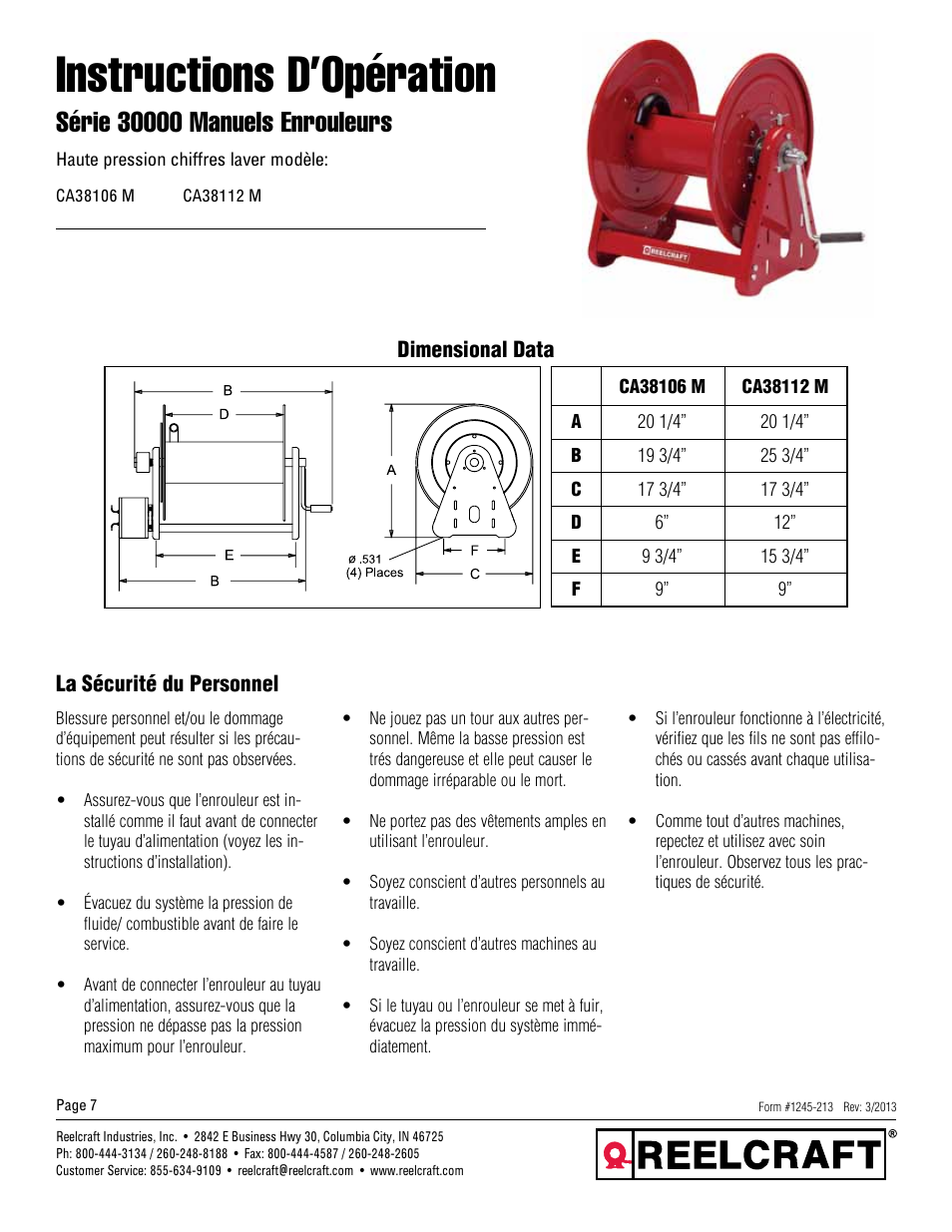 Instructions d’opération | Reelcraft Series 30000 Hand Crank Hose Reels User Manual | Page 7 / 9