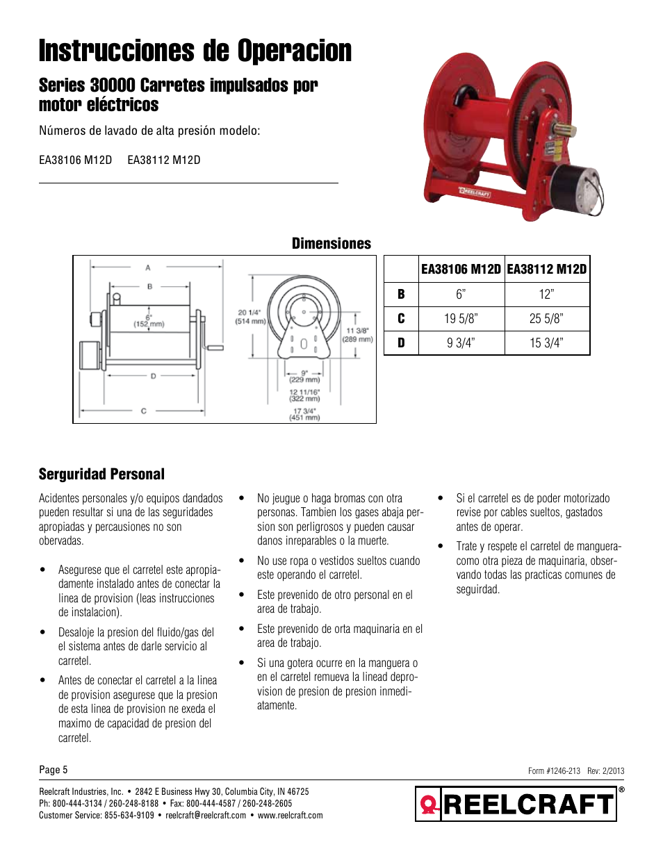 Instrucciones de operacion | Reelcraft Series 30000 Electric Motor Driven Reels (EAxxxxxM12D) User Manual | Page 5 / 12