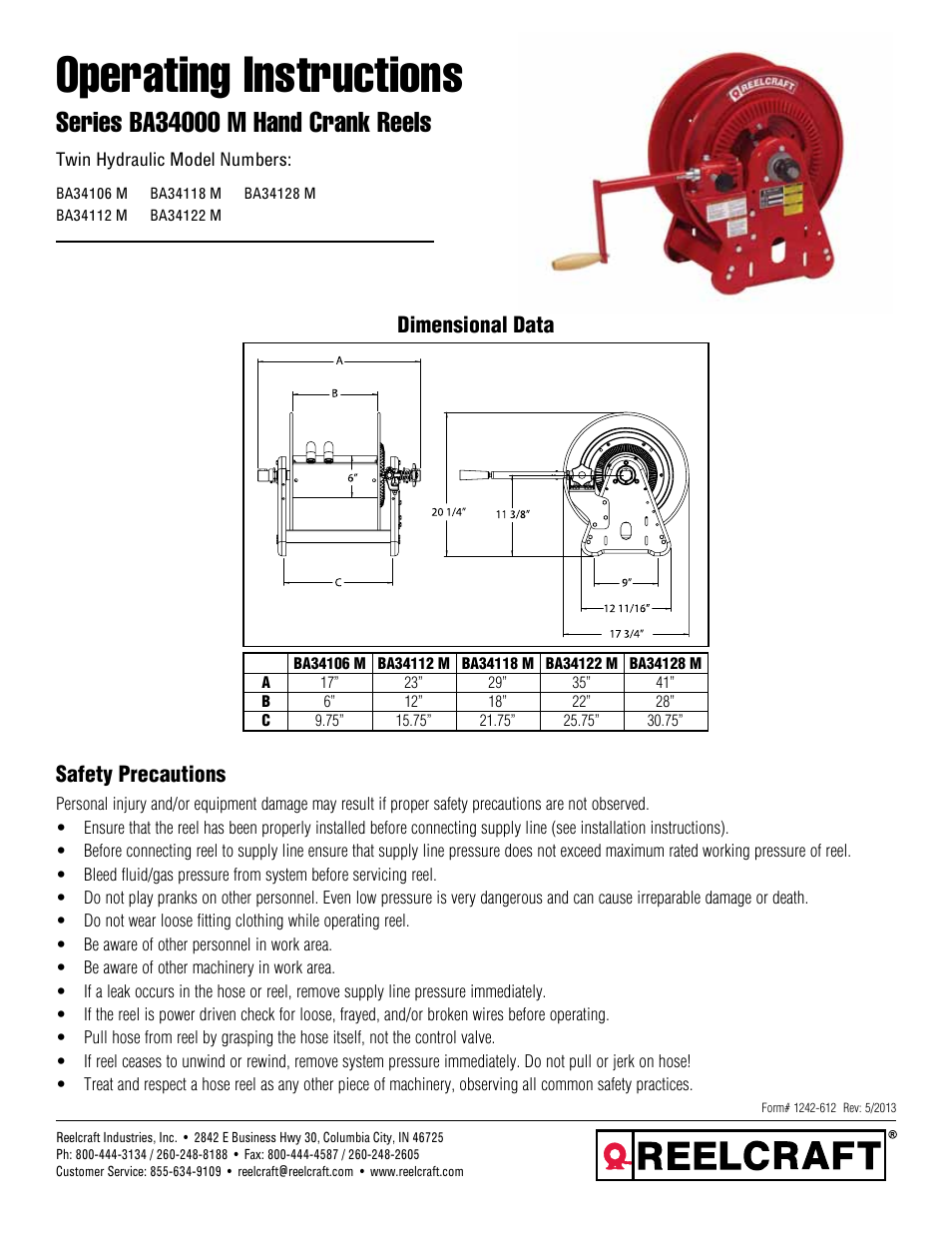 Reelcraft Series BA34000 M Hand Crank Reels User Manual | 3 pages