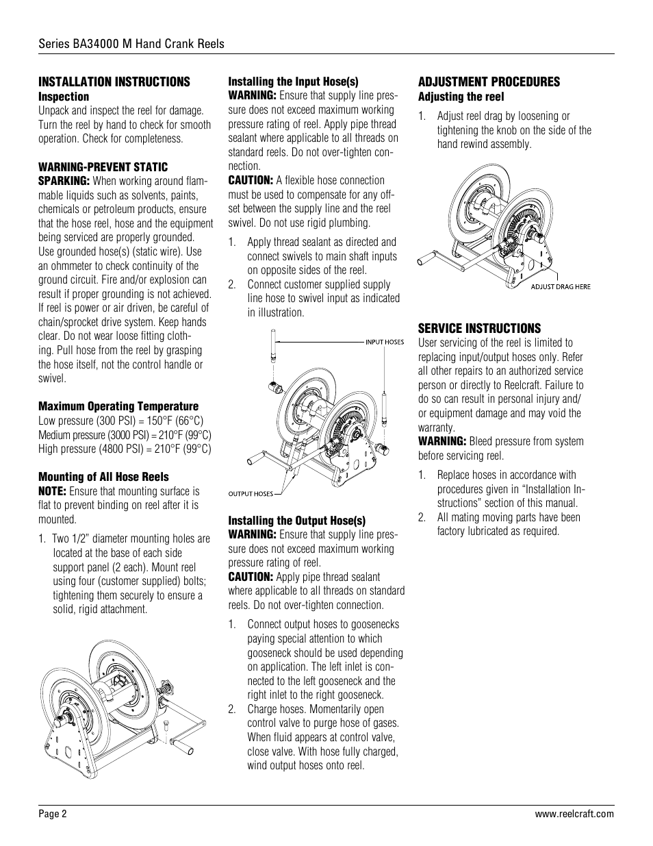Reelcraft Series BA34000 M Hand Crank Reels User Manual | Page 2 / 3