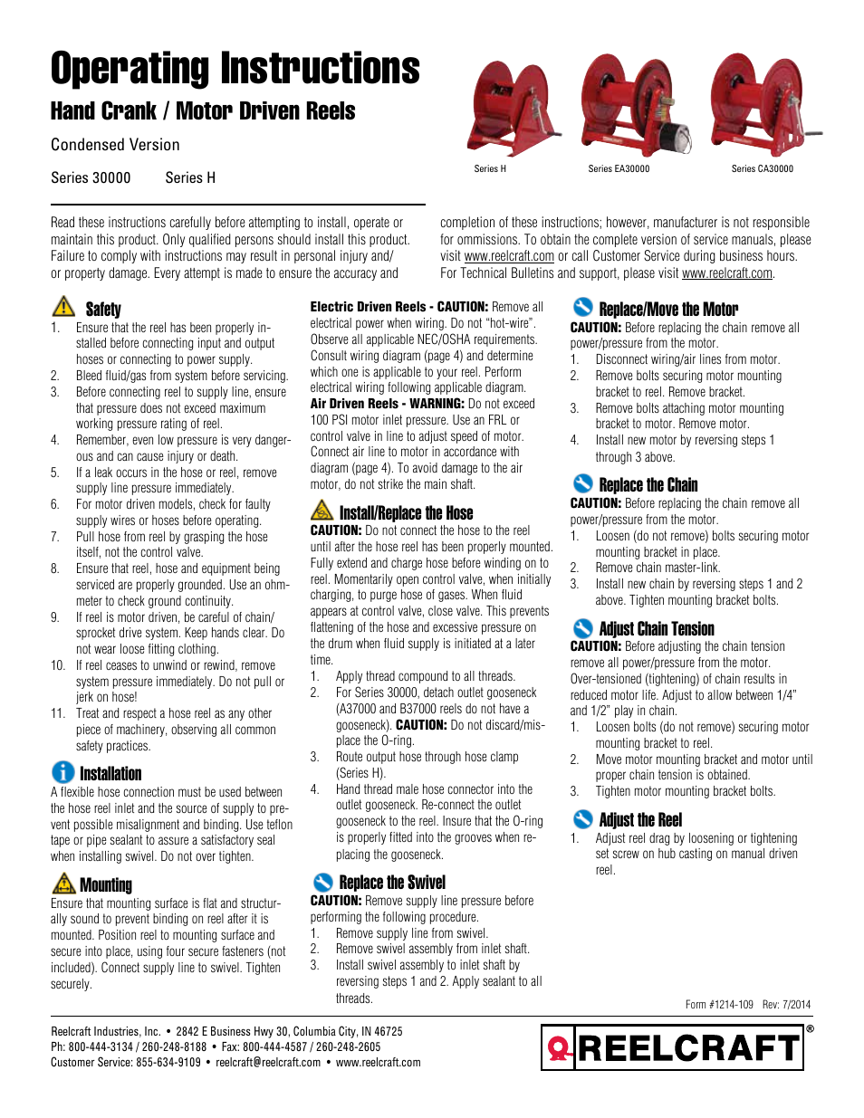 Reelcraft Series H Hand Crank/Motor Driven Reels Condensed Version User Manual | 4 pages