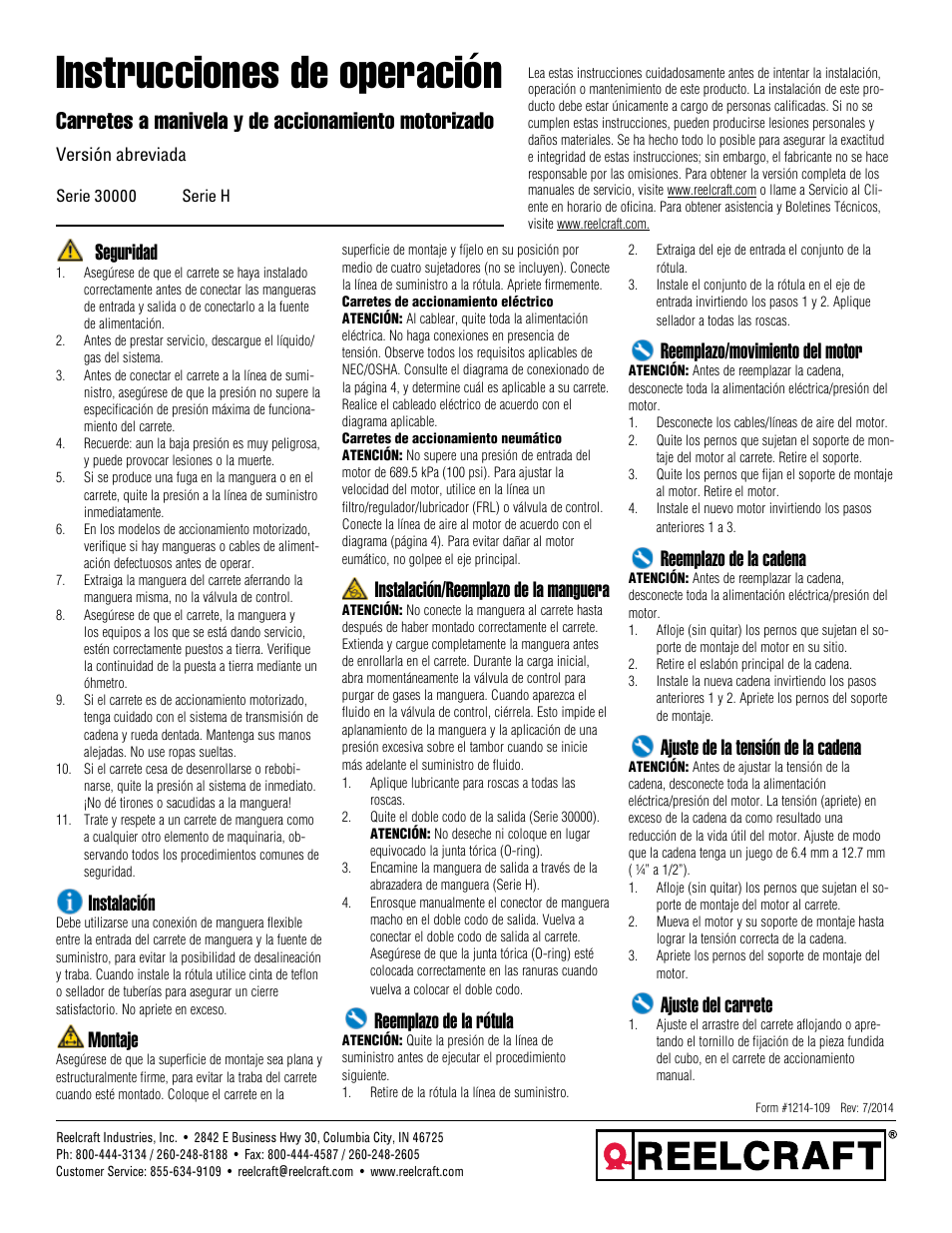 Instrucciones de operación, Carretes a manivela y de accionamiento motorizado, Seguridad | Instalación, Montaje, Instalación/reemplazo de la manguera, Reemplazo de la rótula, Reemplazo/movimiento del motor, Reemplazo de la cadena, Ajuste de la tensión de la cadena | Reelcraft Series H Hand Crank/Motor Driven Reels Condensed Version User Manual | Page 2 / 4