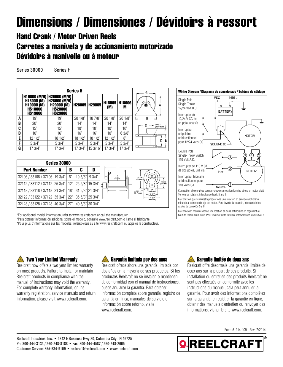 Dimensions / dimensiones / dévidoirs à ressort, Garantie limitée de deux ans, Garantía limitada por dos años | Two year limited warranty | Reelcraft Series H Hand Crank/Motor Driven Reels Condensed Version User Manual | Page 4 / 4