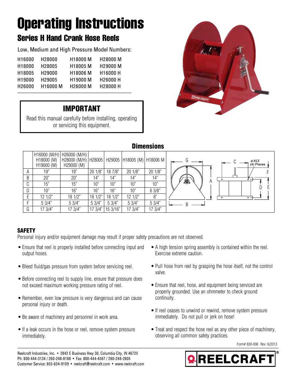 Reelcraft Series H Hand Crank Hose Reels User Manual | 12 pages