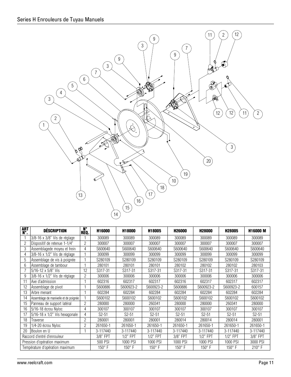Series h enrouleurs de tuyau manuels | Reelcraft Series H Hand Crank Hose Reels User Manual | Page 11 / 12