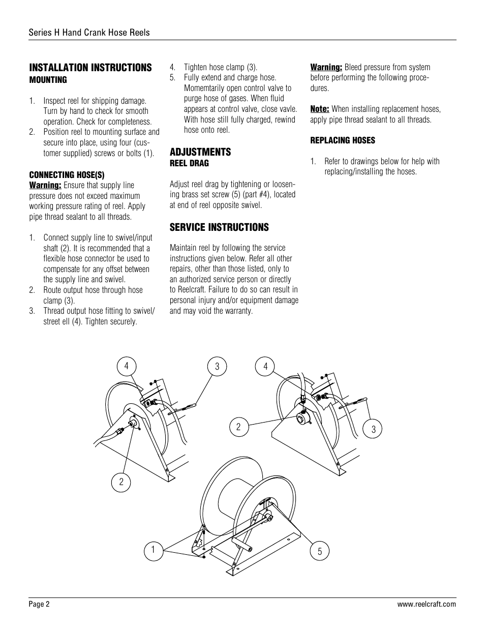 Reelcraft Series H Hand Crank Hose Reels User Manual | Page 2 / 12