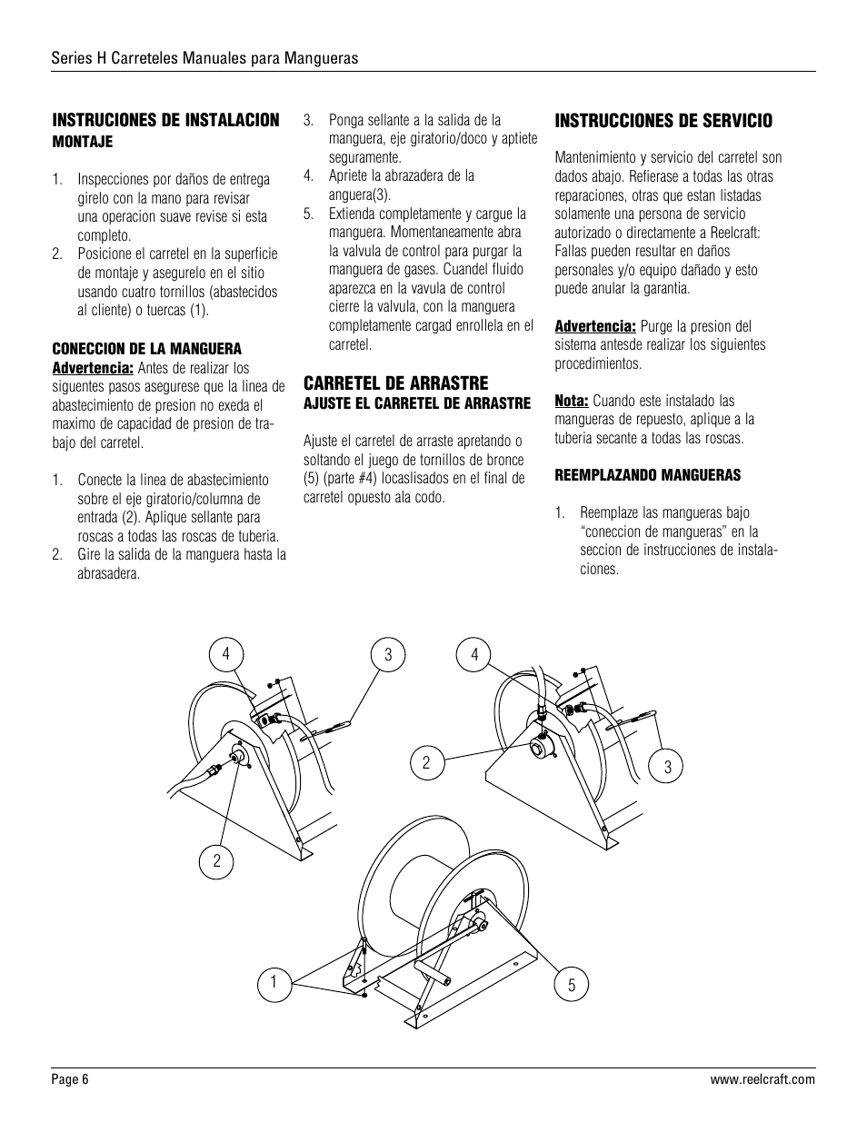 Reelcraft Series H Hand Crank Hose Reels User Manual | Page 6 / 12