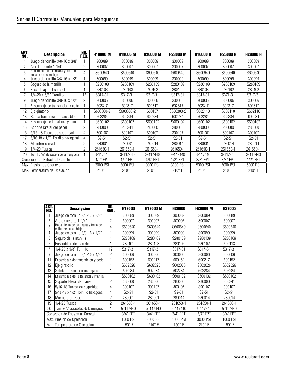 Series h carreteles manuales para mangueras | Reelcraft Series H Hand Crank Hose Reels User Manual | Page 8 / 12