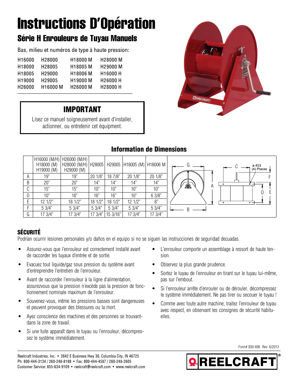 Instructions d’opération, Série h enrouleurs de tuyau manuels, Important | Information de dimensions | Reelcraft Series H Hand Crank Hose Reels User Manual | Page 9 / 12