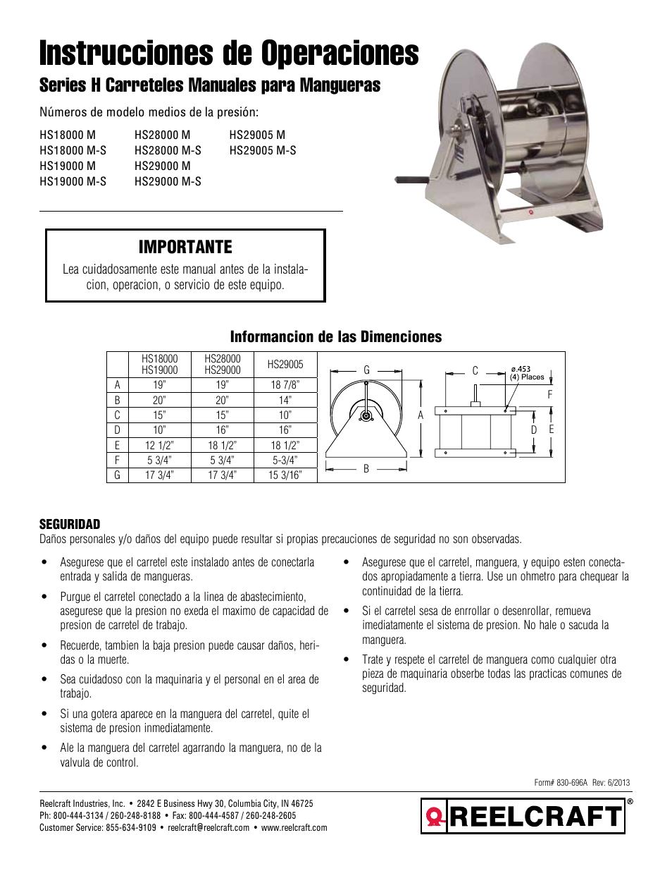 Instrucciones de operaciones, Series h carreteles manuales para mangueras, Importante | Informancion de las dimenciones | Reelcraft Series H Stainless Steel Hand Crank Hose Reels User Manual | Page 5 / 12