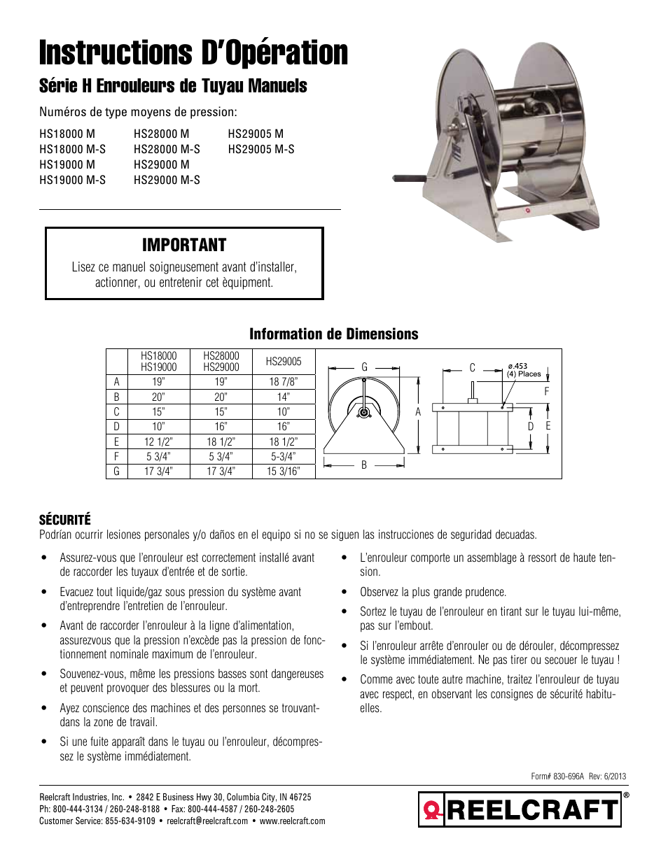 Instructions d’opération, Série h enrouleurs de tuyau manuels, Important | Information de dimensions | Reelcraft Series H Stainless Steel Hand Crank Hose Reels User Manual | Page 9 / 12