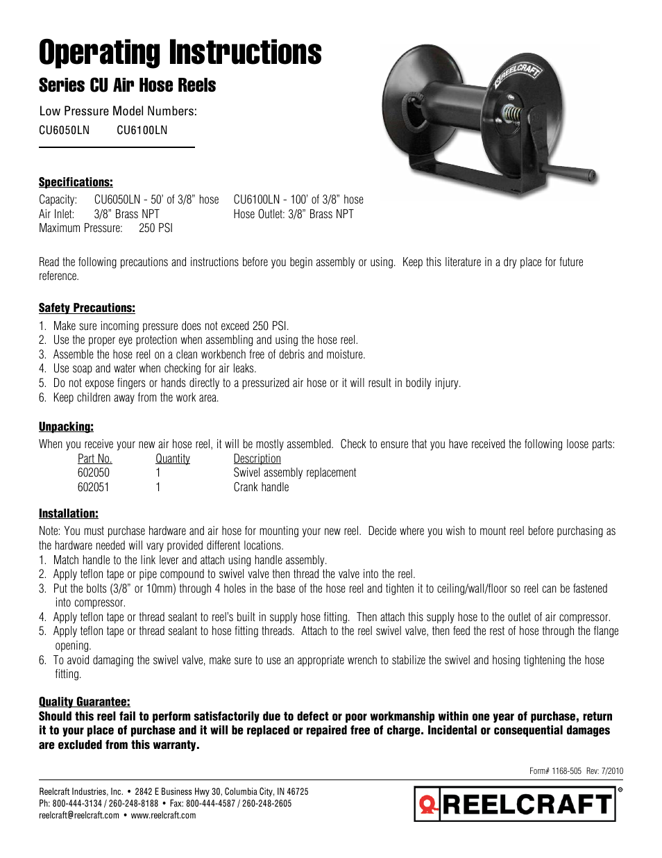 Reelcraft Series CU6000 Air Hose Reels User Manual | 3 pages