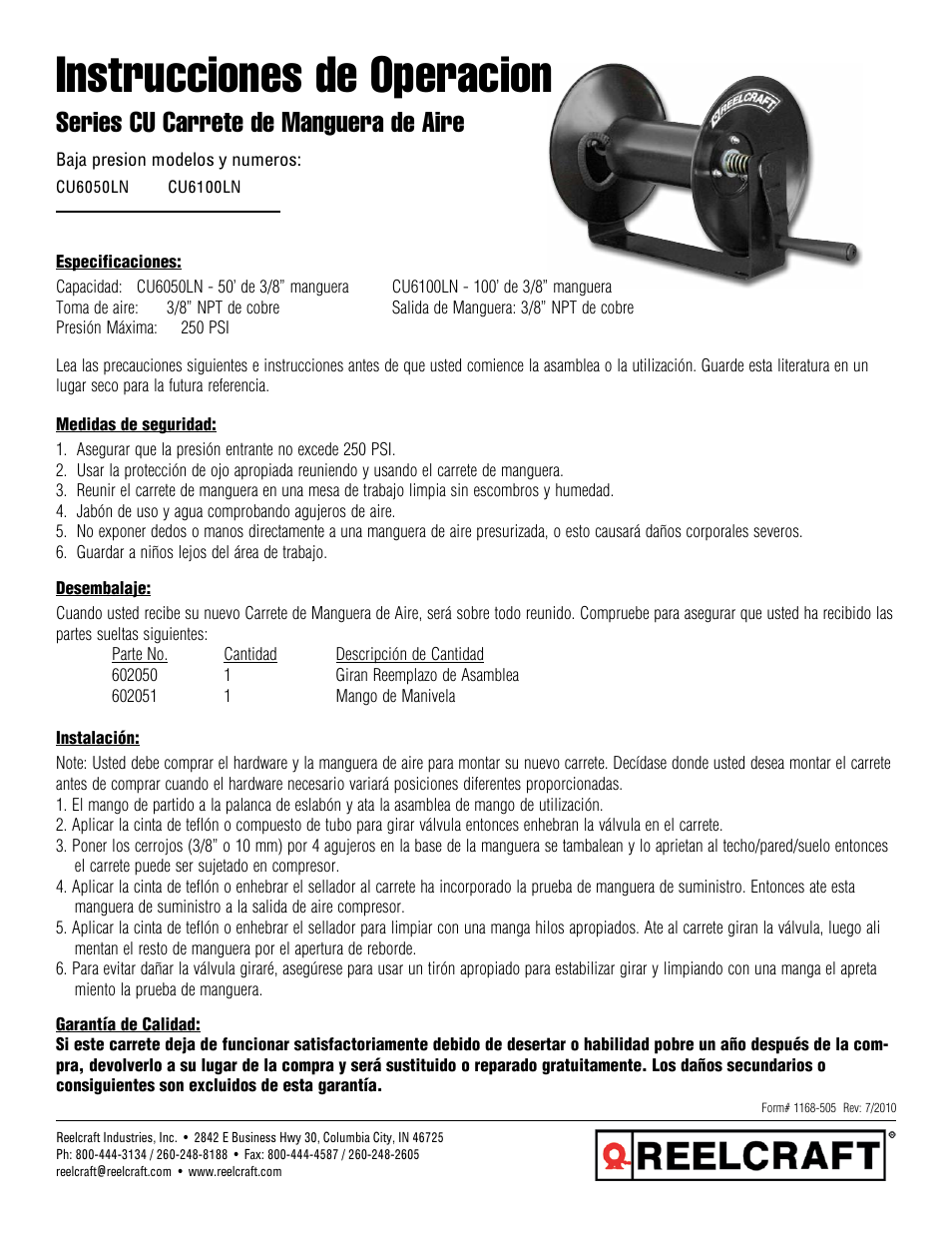 Instrucciones de operacion, Series cu carrete de manguera de aire | Reelcraft Series CU6000 Air Hose Reels User Manual | Page 2 / 3