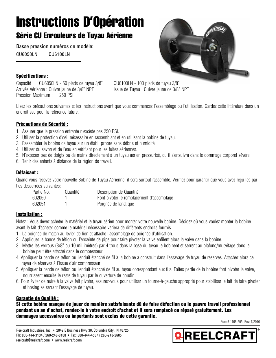 Instructions d’opération, Série cu enrouleurs de tuyau aérienne | Reelcraft Series CU6000 Air Hose Reels User Manual | Page 3 / 3