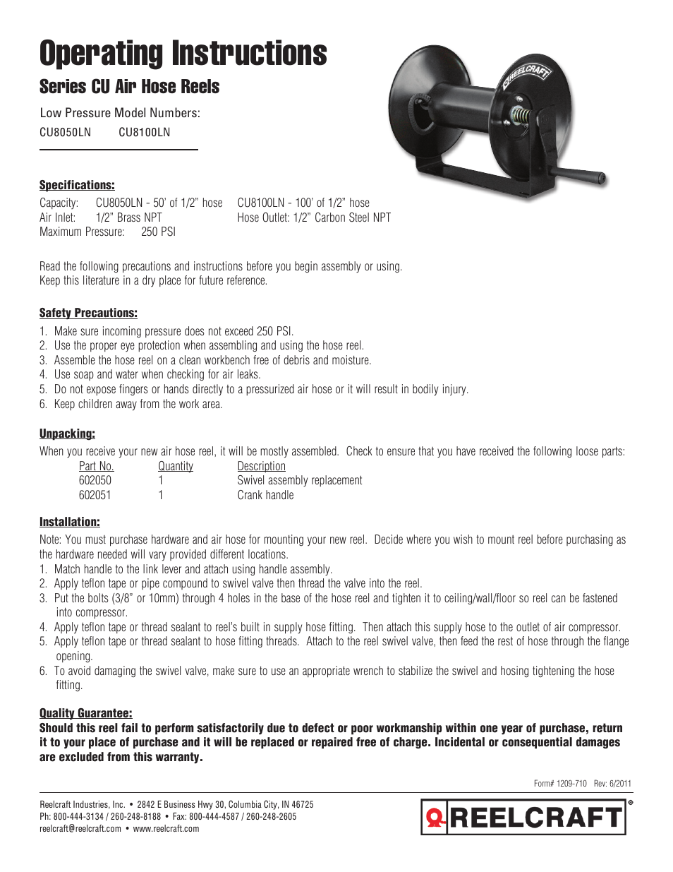 Reelcraft Series CU8000 Air Hose Reels User Manual | 3 pages