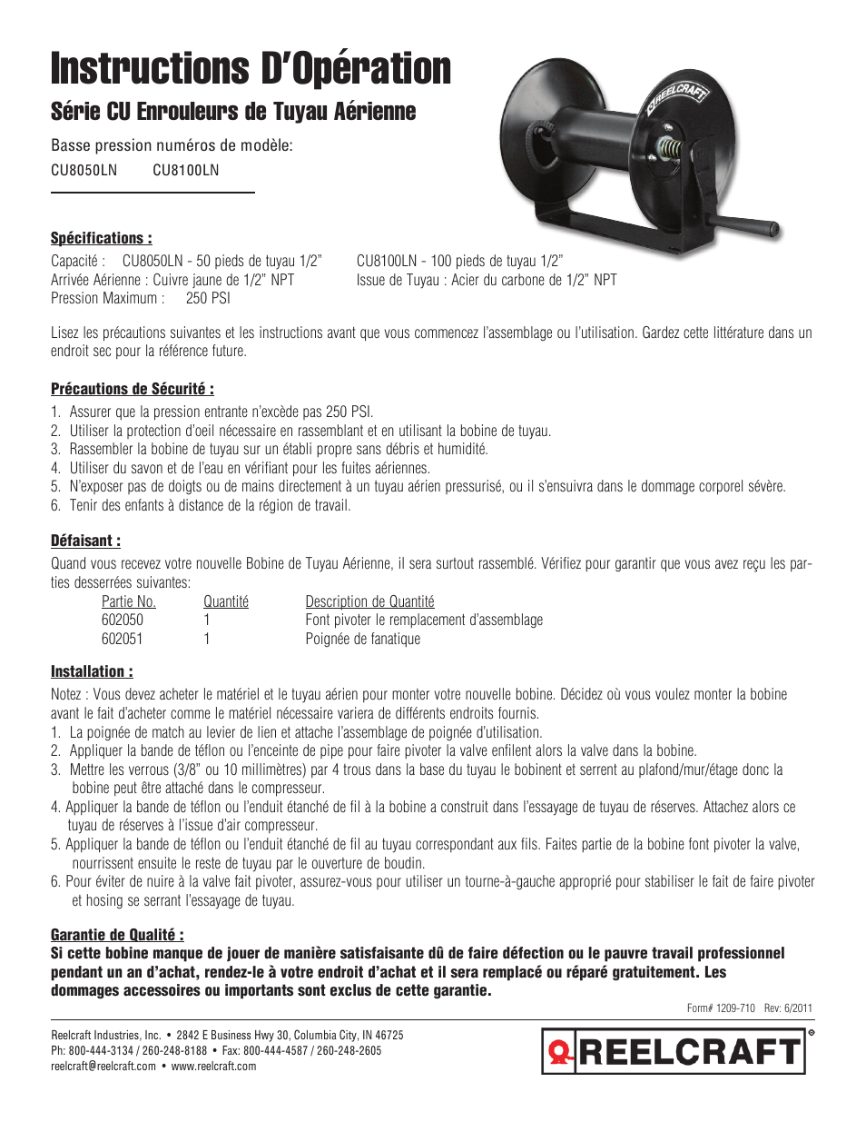 Instructions d’opération, Série cu enrouleurs de tuyau aérienne | Reelcraft Series CU8000 Air Hose Reels User Manual | Page 3 / 3