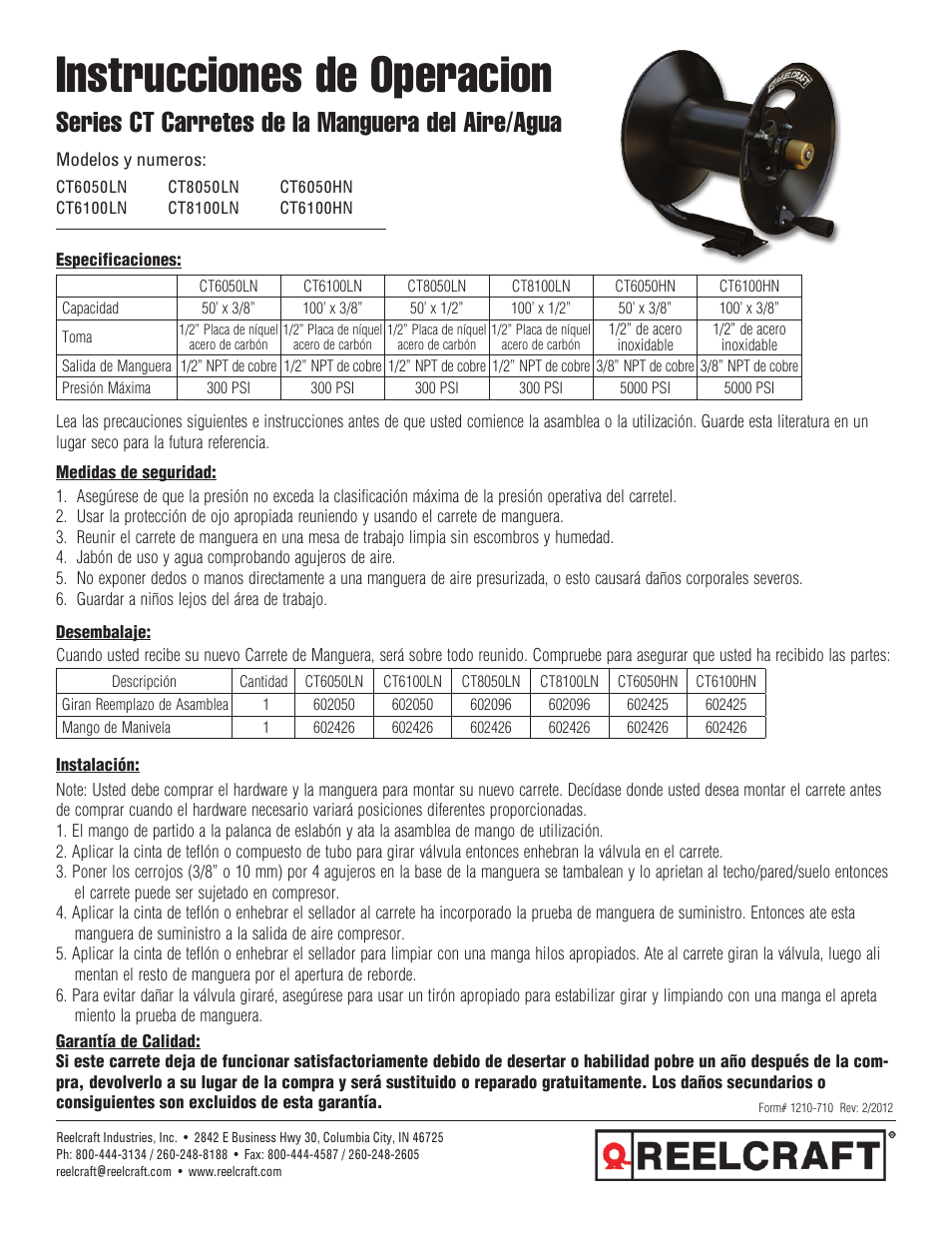 Instrucciones de operacion, Series ct carretes de la manguera del aire/agua | Reelcraft Series CT Air/Water Hose Reels User Manual | Page 2 / 3