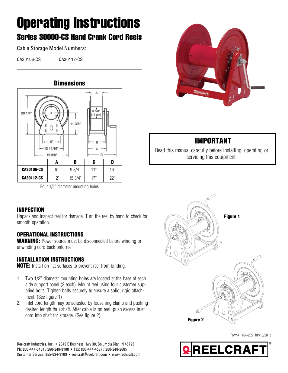 Reelcraft Series 30000-CS Hand Crank Cord Reels User Manual | 2 pages