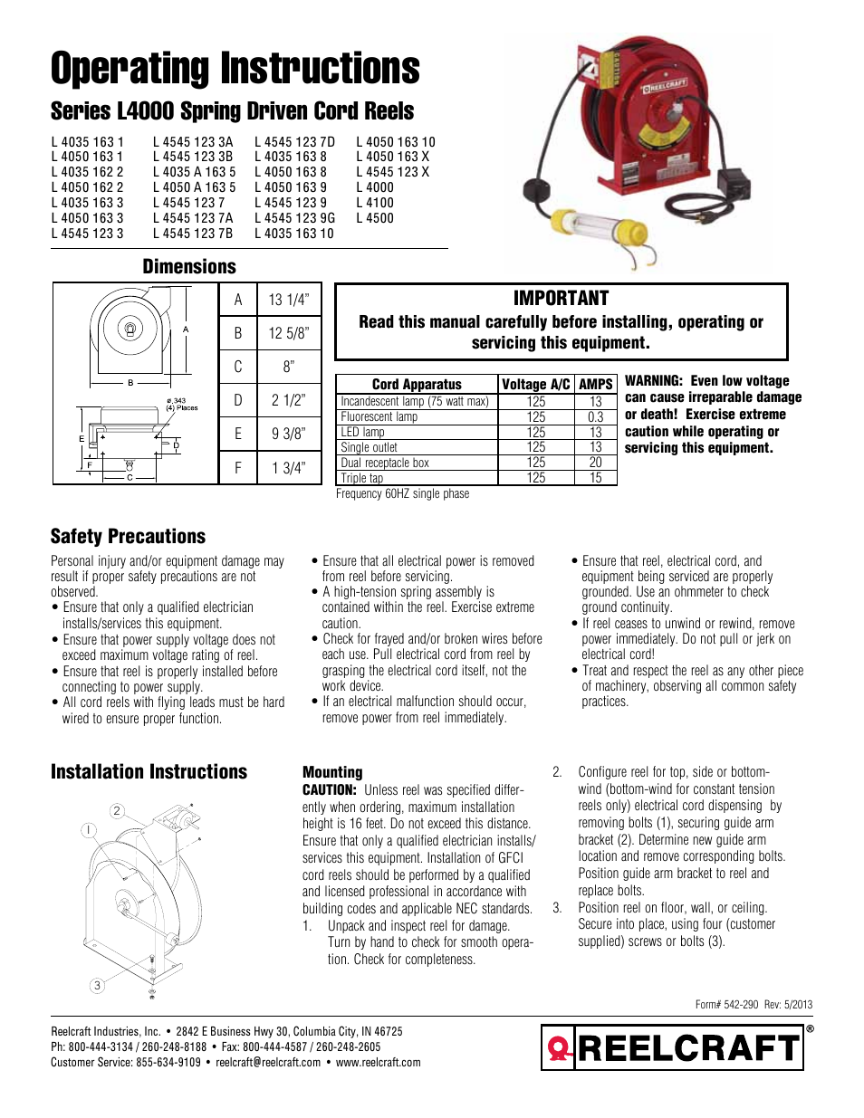 Reelcraft Series L4000 Spring Driven Cord Reels User Manual | 8 pages