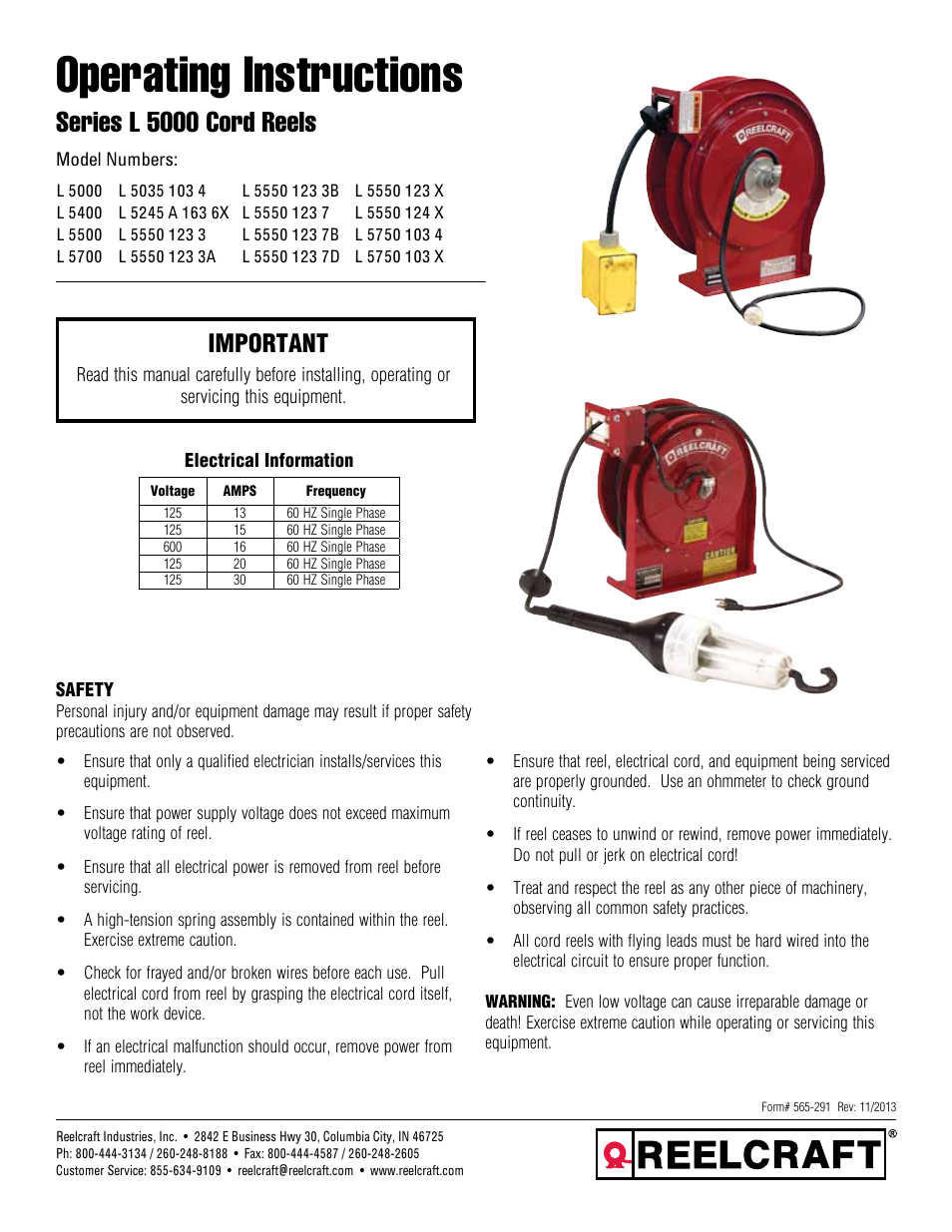 Reelcraft Series L5000 Cord Reels User Manual | 8 pages