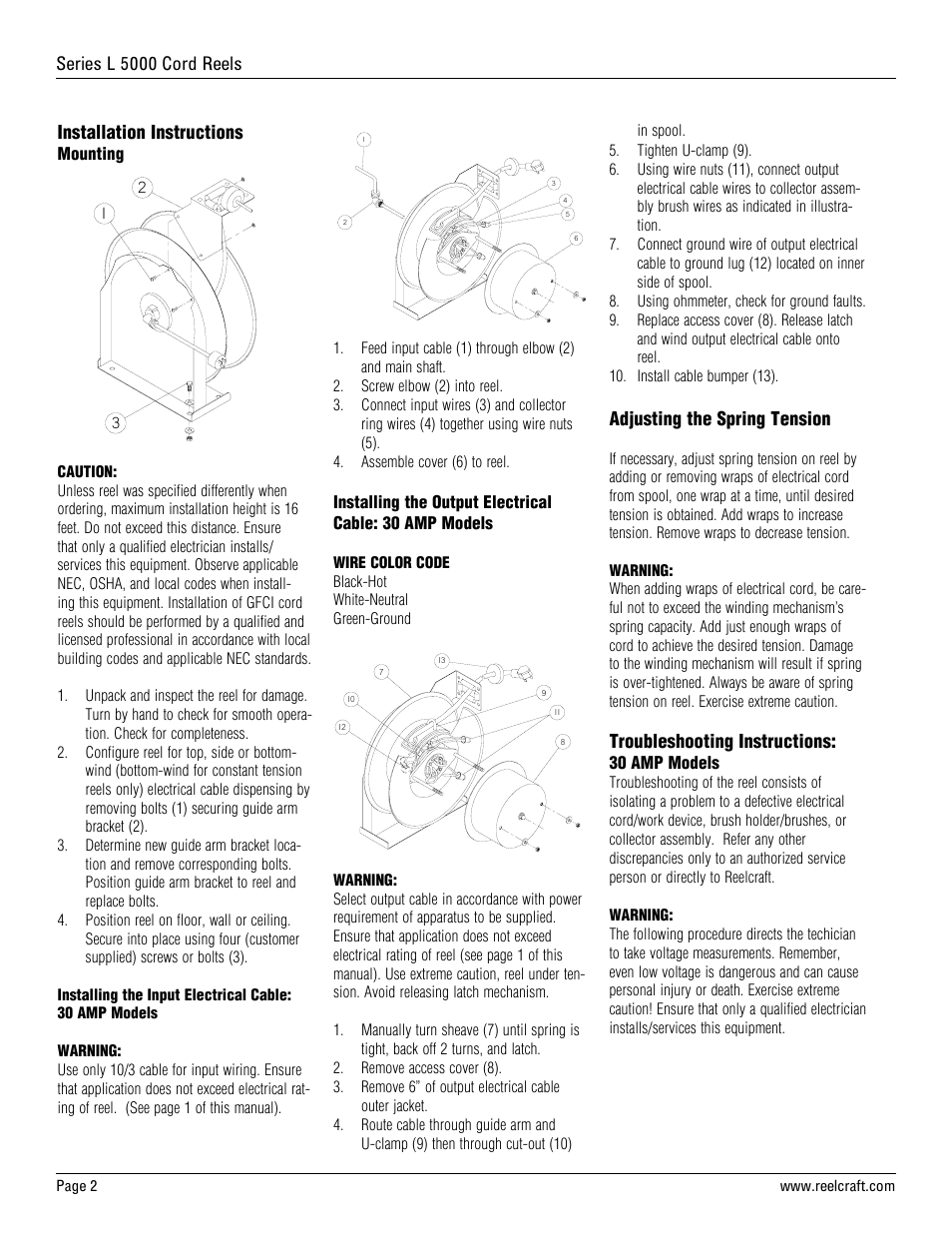 Series l 5000 cord reels, Installation instructions, Adjusting the spring tension | Troubleshooting instructions | Reelcraft Series L5000 Cord Reels User Manual | Page 2 / 8